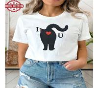 1 pezzo Maglietta a maniche corte da donna in 100% cotone con stampa grafica di gatto nero a forma di cuore "Ti amo", base layer invernale, maglietta casual estiva L,M,S,XLAnimaleTessuto in maglia