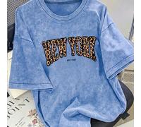 1 pezzo maglietta a maniche corte per ragazze pre-adolescenti, estiva, stile retrò americano NEW YORK con stampa leopardata e grafica a lettere, top casual ampio stile street, alla moda, dolce & cool,