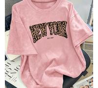 1 pezzo maglietta a maniche corte stile americano retrò NEW YORK con stampa leopardata e grafica a lettere, nuovo stile estivo unisex per ragazze pre-adolescenti, top casual ampio stile street, alla m