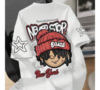 1 pezzo Maglietta a maniche corte stile hip-hop e strada per ragazzi, con stampa di graffiti e cartoni animati "NEVER STOP", essenziale per l'uso scolastico quotidiano 6Y,7Y,8Y,9Y,10Y,4Y,5Y,14Y,11Y,12