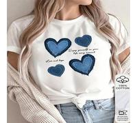 1 pezzo Maglietta casual a maniche corte da donna con stampa grafica a cuori blu patchwork, 100% cotone, tema di amore e speranza, per un uso quotidiano rilassato L,M,S,XLGeometrico,Cuore,PianteTessut