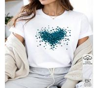 1 pezzo Maglietta casual a maniche corte da donna in 100% cotone, con stampa di particelle a forma di cuore blu, per la stagione di San Valentino, espressione d'amore carina e unica L,M,S,XLGeometrico