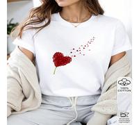 1 pezzo Maglietta casual da donna 100% cotone con stampa a petali a forma di cuore - Stile romantico ispirato ai fiori rossi che volano nell'amore L,M,S,XLGeometrico,Cuore,PianteTessuto in maglia
