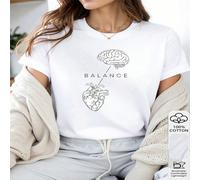 1 pezzo Maglietta casual da donna in 100% cotone a maniche corte con stampa "EQUILIBRIO" di arte lineare di cervello e cuore L,M,S,XLGeometrico,Cuore,PianteTessuto in maglia