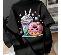 1 pezzo Maglietta casual e ampia da donna con stampa di tè alla bolla e ciambelle, adatta per uso quotidiano in primavera/estate, può essere un regalo per famiglia, partner e amici 6Y,7Y,8Y,9Y,10Y,4Y,