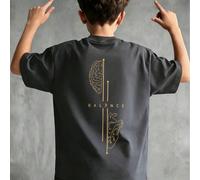 1 pezzo Maglietta casual e ampia da ragazzo con stampa di linea artistica di cervello e cuore e scritta "EQUILIBRIO", traspirante e delicata sulla pelle, maglietta alla moda per bambini più grandi in