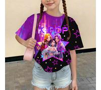 1 pezzo Maglietta casual e comoda da ragazza, con stampa di un gruppo musicale K-POP e di una ragazza cartoni animati, manica corta, collo tondo, vestibilità morbida, adatta per tutte le stagioni (pri