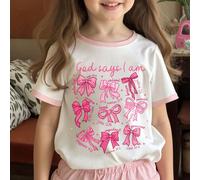 1 Pezzo Maglietta con fiocco e slogan ispiratore, esclusivamente per ragazze di una certa età, con design del colletto a contrasto, top carino, con elementi a tema "Dio dice che sono", adatto per usci