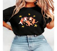 1 pezzo Maglietta da donna in 100% cotone, con stampa grafica di gatti danzanti e stelle, girocollo, manica corta, adatta per tutte le stagioni L,M,S,XLFumetto,GeometricoTessuto in maglia