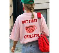 1 pezzo Maglietta estiva a maniche corte con scollo rotondo, stampa a cuore rosa e tazza di caffè con lettera inglese, tema elegante da amante del caffè, casual e versatile, adatta per l'estate e la s