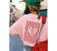 1 pezzo Maglietta estiva da donna a maniche corte e collo tondo, Blusa a righe con stampa a cuore "PIÙ AMORE PER FAVORE", adatta per vacanze, ufficio, uscite, uso quotidiano, appuntamenti, feste, radu