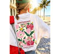 1 pezzo Maglietta estiva da donna con scollo rotondo e maniche corte, con stampa floreale inglese "Amsterdam Flower Market" bianca casual L,M,S,XL,XS,XXLLettere,PiantePoliestere