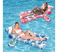1 pezzo Materasso ad aria con schienale forato - Comoda poltrona reclinabile per adulti con schienale, portabicchiere, design a foglie di Hawaii per sport acquatici e ricreazione in spiaggia, elementi