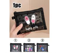 1 pezzo Mini borsa portatile in rete stampata con la scritta "Happy Pill" e il motivo a pillole, kit di pronto soccorso, borsa per emergenze mediche per uso all'aperto, in casa, per viaggi, pochette p