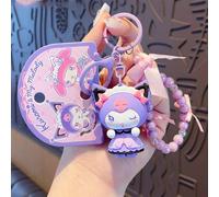 1 pezzo MINISO Sanrio Kuromi Gatto in stile Lolita, con corda a mano e fibbia, raffinata statuetta in morbida gomma con catena di perline iridescenti, adatta come ciondolo per borsa o portachiavi, per