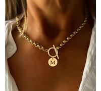 1 pezzo Nuova collana alla moda con ciondolo rotondo a forma di lettera e chiusura a T, catena in acciaio inossidabile, per donna L,M,S,H,A,T,O,B,C,D,E,F,G,I,J,K,N,P,R,V,W,Y,ZAcciaio inossidabile