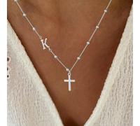 1 pezzo Nuova collana classica con pendente a croce, catena di perline in acciaio inossidabile argento, per donna L,M,S,H,A,T,O,B,C,D,E,F,G,I,J,K,N,P,R,V,W,Y,ZAcciaio inossidabile