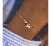 1 pezzo Nuovo braccialetto con catena d argento e perla, con fiocco e lettera iniziale, in acciaio inossidabile, adatto come regalo di San Valentino per donna L,M,S,H,A,T,O,B,C,D,E,F,G,I,J,K,N,P,R,V,W