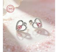 1 pezzo Orecchini a perno in argento sterling 925 a bassa allergia a forma di cuore, intarsiati con zirconia cubica rosa, sognanti e dolci, confezione regalo, adatti per uso quotidiano o per le vacanz