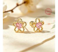 1 pezzo Orecchini a perno in argento sterling 925 ipoallergenici a forma di fiore, design cavo, con zirconia cubica a forma di cuore rosa incastonata, sognanti e dolci, scatola regalo inclusa, adatti 
