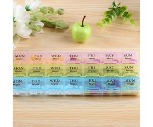 1 pezzo Organizer portatile per pillole con 21 scomparti, grande capacità, colori blu, giallo, rosa, scatola settimanale per medicinali con coperchio a ribalta e scomparti per mattina, mezzogiorno e s