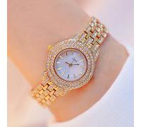 1 pezzo Orologio da donna al quarzo di lusso alla moda con quadrante rotondo completamente tempestato di cristalli e strass, cinturino in acciaio multifunzione, adatto per vacanze, feste, matrimoni, r