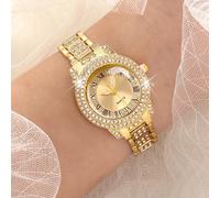1 pezzo Orologio da donna al quarzo di lusso e alla moda con quadrante rotondo completamente tempestato di cristalli e strass, cinturino in acciaio multifunzione, adatto per vacanze, feste, matrimoni,