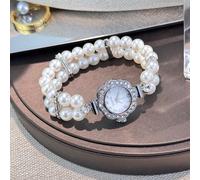 1 pezzo Orologio da donna casual al quarzo con cassa in lega, doppia fila di perle, decorato con strass e quadrante con numeri arabi