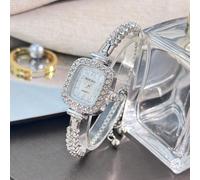 1 pezzo Orologio da polso analogico al quarzo da donna con quadrante piccolo, con doppia fila di cristalli, corda di trazione, scala con numeri arabi, alla moda