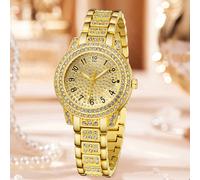 1 pezzo Orologio da polso da donna elegante in lega dorata, moda di lusso, con diamanti incastonati, scala numerica, orologio al quarzo rotondo, adatto per l'uso quotidiano, regalo perfetto per la fid