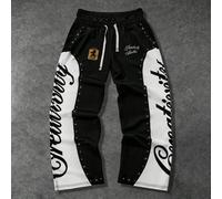 1 pezzo Pantaloni della tuta da uomo in stile di lusso e alta moda, con contrasto di colore nero e bianco, decorati con strass a forma di lettera, con stampa dell emblema del leone, pantaloni casual e