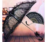 1 pezzo Parasole in pizzo gotico, ombrello da principessa romantica per matrimoni, feste, balli - Set elegante di parasole e ventaglio in pizzo nero con motivo floreale, adatto come accessorio per mat