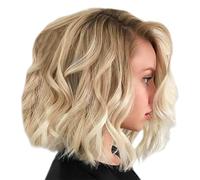 1 Pezzo Parrucca Corta Ricci, Parrucca da Donna, Parrucca Bob, Parrucca Corta Ondulata, Parrucca Bionda, Nastro per la Fronte in Fibra Chimica Dorato Misto Marrone, Adatto per Pendolarismo, Feste