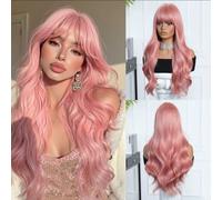 1 pezzo Parrucca sintetica riccioluta da 26 pollici con frangia, colore rosa, adatta per uso quotidiano delle donne, può essere utilizzata per cosplay, feste, raduni, festival, ottimo anche come regal