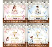 1 pezzo Personalizzato "La mia prima comunione" Sfondo floreale Croce biblica Calice Disegno personalizzato con nome Decorazione Battesimo Matrimonio Torta Smash festa Striscione in vinile, Decorazion