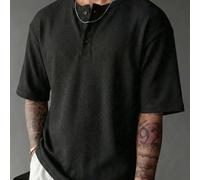 1 pezzo Polo a maniche corte con scollo alla coreana da uomo, grigia, con bottoni sul davanti e texture a nido d'ape, lavabile in lavatrice, stile casual americano da strada, adatta per l'uso quotidia