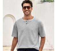 1 pezzo Polo a maniche corte con scollo alla coreana da uomo, grigia, con bottoni sul davanti e texture a nido d'ape, lavabile in lavatrice, stile casual americano da strada, adatta per l'uso quotidia