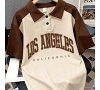 1 pezzo Polo vintage con stampa della lettera Los Angeles per ragazzi adolescenti, colletto a contrasto in beige e nero, maniche raglan. Un outfit casual cool, lo stile a maniche corte è alla moda, co