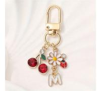 1 pezzo Portachiavi con ciondolo a forma di lettera A-Z in lega, con design creativo di ciliegia, margherita e scarabeo, accessorio regalo di compleanno, regalo per la festa della mamma, ciondolo esti