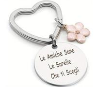 1 pezzo Portachiavi da donna in acciaio inossidabile alla moda con anello a forma di cuore e ciondolo a forma di fiore di ciliegio, inciso con la frase italiana "Le amiche sono le sorelle che ti scegl
