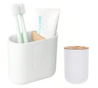 1 pezzo Portaspazzolino con divisorio in bambù, rimovibile per una facile pulizia, multifunzionale, 2 scomparti per spazzolino elettrico e contenitore per il dentifricio, adatto per bagno, lavandino, 