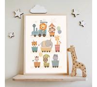 1 pezzo Quadro su tela con cornice per decorazione parete cameretta neonato, decorazione parete cameretta tema treno animali del circo, motivo giungla neonato in toni neutri, leone, elefante, giraffa,