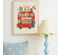 1 pezzo Quadro su tela, decorazione per camera dei bambini, tema autobus di Londra, animale che cavalca l'autobus rosso, decorazione neutra per camera dei bambini, opera d'arte da parete a cartone ani