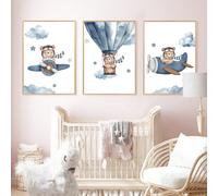 1 pezzo Quadro su tela - Tema dell'orso volante per la decorazione della stanza dei bambini: Disegno di aeroplano e mongolfiera - Quadro da parete incorniciato perfetto per la decorazione della stanza