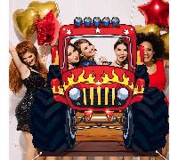 1 pezzo Sagoma fotowall Monster Truck con bandiera aliena, 150cm x 150cm Striscione in poliestere, Accessori per festa camion rosso, Grande sfondo fotografico per festa monster truck, Decorazioni per