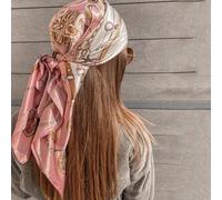 1 pezzo Sciarpa quadrata in raso rosa chiaro stampata da donna, fascia per capelli alla moda per uso esterno per la stagione primavera/estate, bandana stile ragazza francese Poliestere