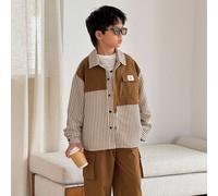 1 pezzo Set da 2 pezzi per bambini/ragazzi pre-adolescenti, composto da camicia casual a maniche lunghe con colletto a righe e pantaloni dritti monocromatici, adatto per scuola, giardino, spiaggia, co