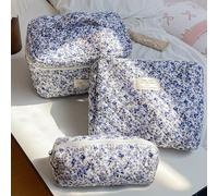 1 pezzo Set di borse cosmetiche per ragazze con stampa floreale blu, organizer per cosmetici, borsa con cerniera per cura della pelle, cosmetici, olio per le labbra, crema solare, crema per le mani, a