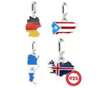 1 pezzo Set di ciondoli in argento sterling 925 con mappa e bandiere di più paesi, perline souvenir da viaggio smaltate (Germania, Porto Rico, Argentina, Islandia), adatte per bracciali, gioielli ipoa