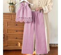 1 pezzo Set top senza maniche e pantaloni per ragazze, design versatile alla moda con collo a canottiera e schiena scoperta, tessuto intrecciato, top aderente + pantaloni a gamba dritta rilassata, ada